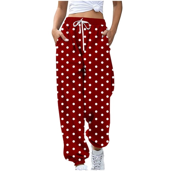 Efsteb Womens Jogger Pants High Waisted Baggy Sweatpants Drawstring Polka Dots Print Casual Loose Joggers with Pockets (Wine,XXL)