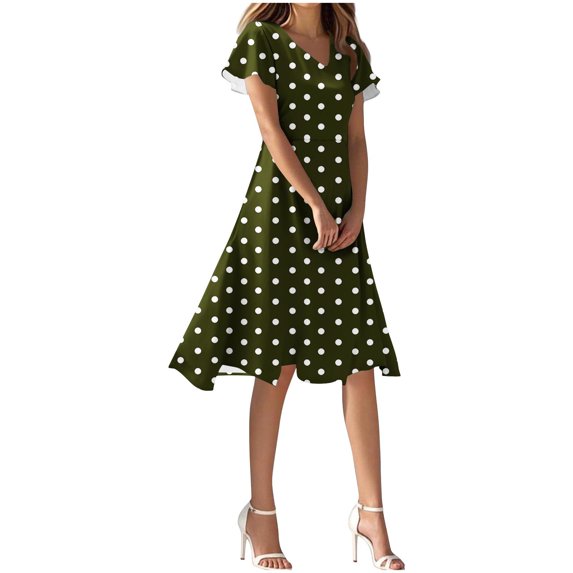 Efsteb Womens Knee Length Dresses Bohemian Summer Short Sleeve Fashion V Neck Sundress Polka Dots Dress (Army Green,XL)