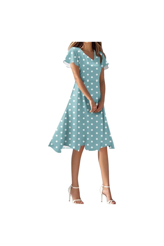 Womens Knee Length Dresses Bohemian Summer Short Sleeve Fashion V Neck Sundress Polka Dots Dress (Light Blue,M)