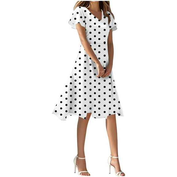 Efsteb Womens Knee Length Dresses Bohemian Summer Short Sleeve Fashion V Neck Sundress Polka Dots Dress (White,L)