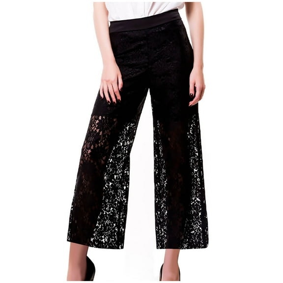 Efsteb Womens Large Size High Waist Lace Wide Leg Pants for Casual Wear Fashion Solid Color Versatile Trousers with Pockets Black XXXXXL