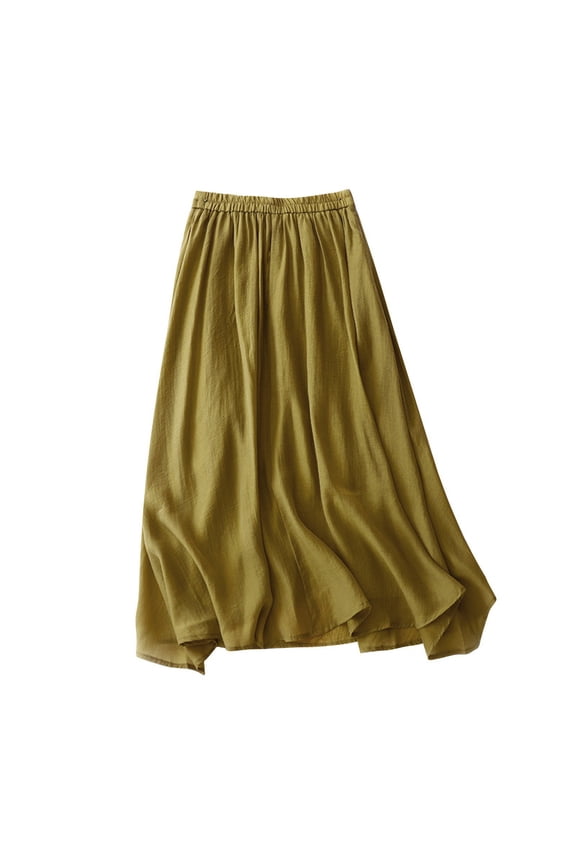 Womens Long Skirts Elastic Waist Long Skirt Fall Solid Color Casual Fashion Comfy Skirts (Yellow,M)