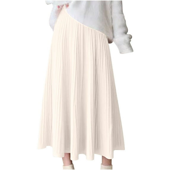 Efsteb Womens Long Skirts High Waist Long Ankle Pleated Skirt Comfy Fall Solid Color Casual Fashion Skirts (White,Free Size)