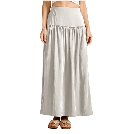 Efsteb Womens Long Skirts High Waist Pleated Long Skirt Comfy Casual Fashion Fall Solid Color Skirts (White,XL)