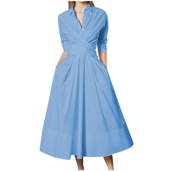 Efsteb Womens Long Sleeve Dresses Solid Color Belted Pleated Pocket Work Dress Cocktail Dresses with Pockets (Blue,XL)