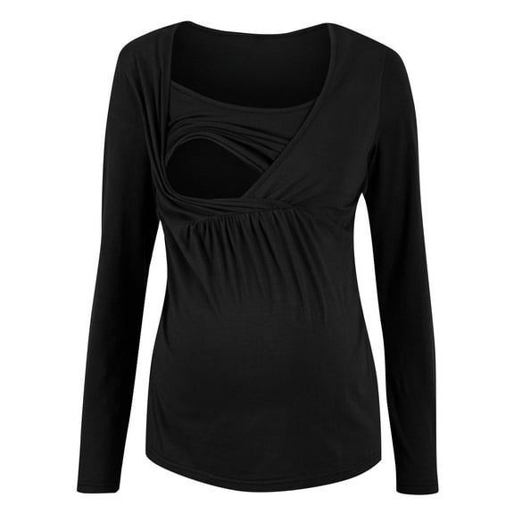 Efsteb Womens Long Sleeve Nursing Tops Ruched Crew Neck Maternity T Shirts Solid Color Breastfeeding Shirts Pregnancy Tunic Blouses (Black,S)