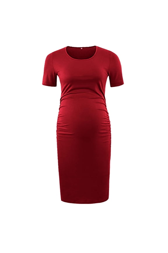 Womens Maternity Dress Short Sleeve Round Neck Bodycon Pregnancy Dresses Solid Color Casual Photoshoot Maternity Dresses(Red,L)