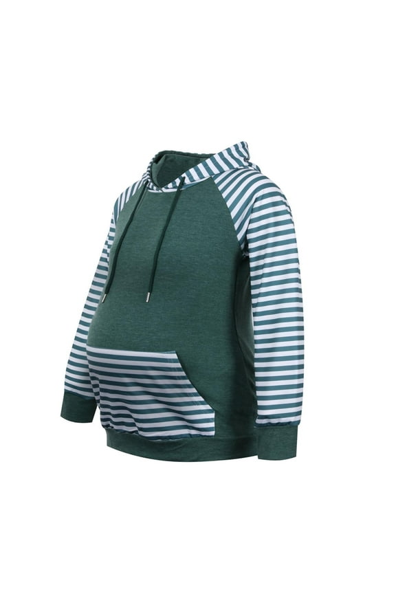 Womens Maternity Tops Pullover Sweatshir Striped Patchwork Long Sleeve Hooded Maternity Clothes Fall Casual Comfy Pregnancy Hoodies (Green,S)