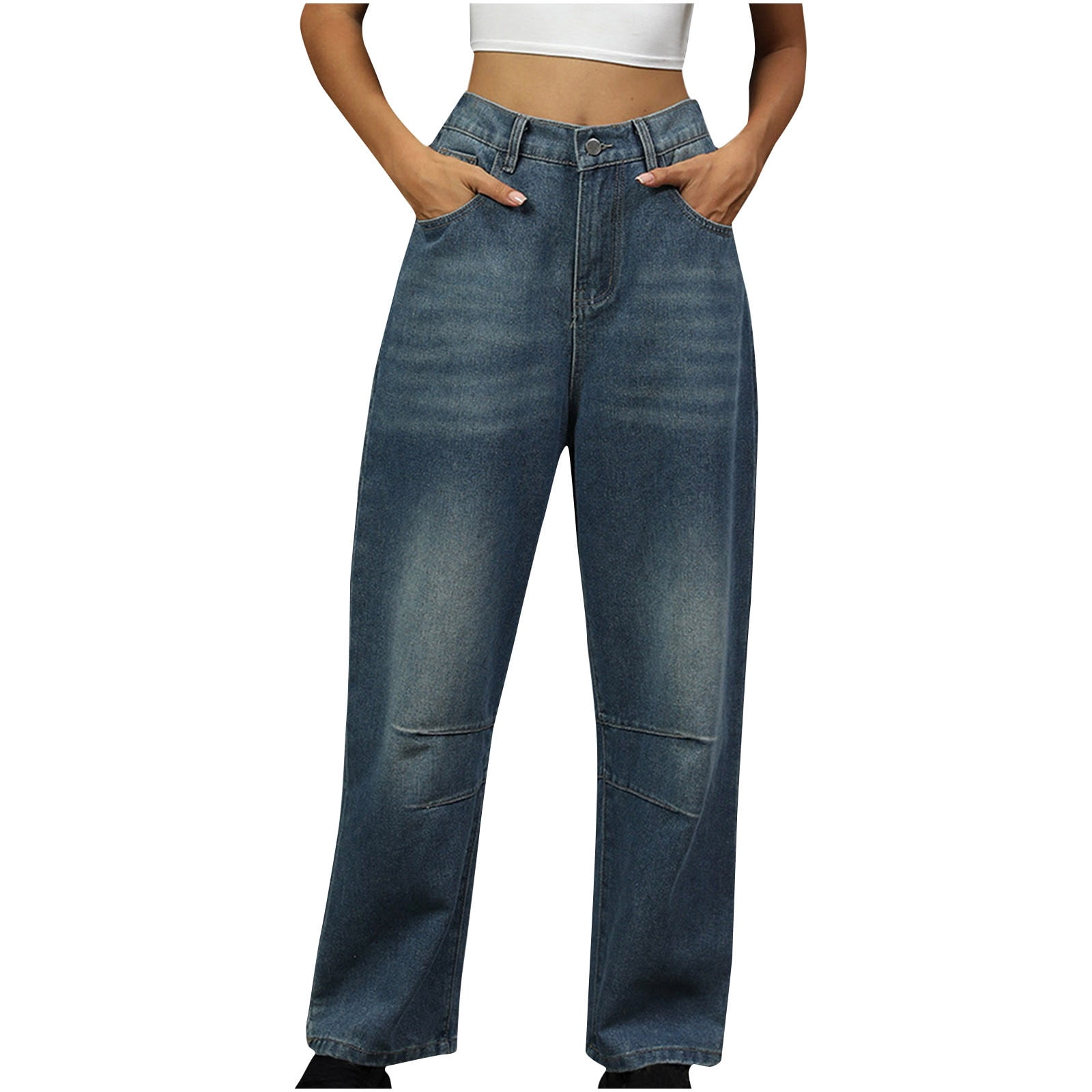 Efsteb Womens MidWaist Straight Leg Denim Casual Pants with Pockets