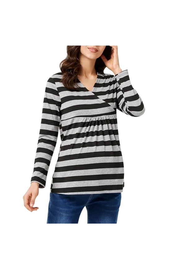 Womens Nursing Tops Long Sleeve Maternity Shirt Striped V Neck Ruched Breastfeeding Maternity Clothes Fall Pregnancy Tops (Gray,L)