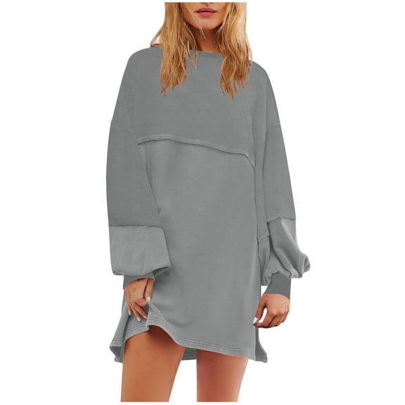 Efsteb Womens Oversized Long Sleeve Patchwork Sweatshirt Dress Crewneck Tunic Sweatshirts Fall Loose Pullover Top (Gray,S)