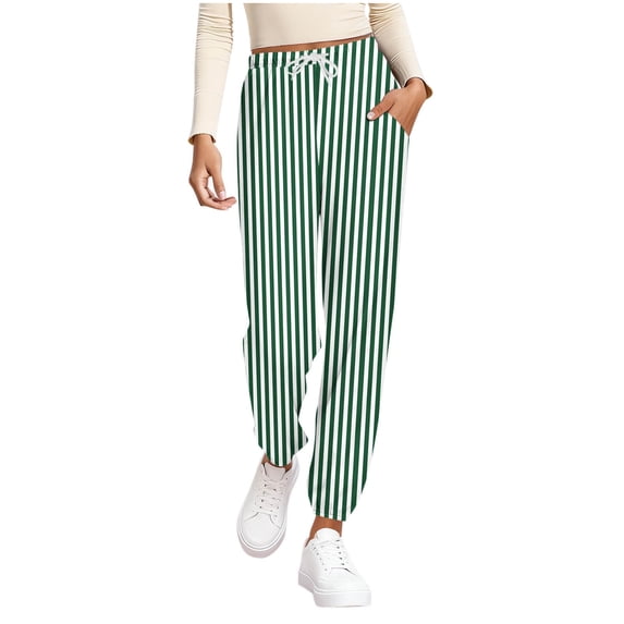 Efsteb Womens Pajama Pants Comfy Stretch Drawstring Jogger Workout Pant Casual Striped Print Jogger Pajama Pants (Green,XL)