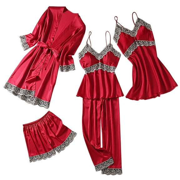 Efsteb Womens Pajama Sets Solid Color Two Piece Set Comfy Sleepwear Loose Pajama Sets Fall Fashion V-Neck Long Sleeve Tops Long Pants Home Wear Sets (Red,L)