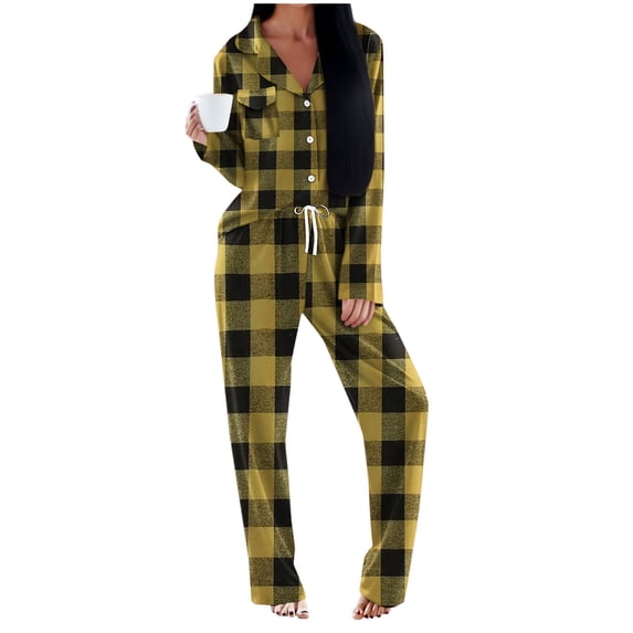 Efsteb Womens Pajamas Sets 2 Piece Button Up Pajamas Sets Long Sleeve Lapel Shirts Long Pants Plaid Print Sleepwear Outfits (Yellow,L)