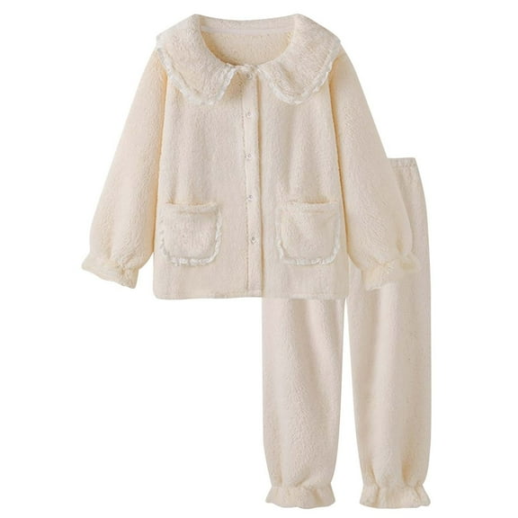 Efsteb Womens Pajamas Sets Lamb Fleece Home Set Button Turndown Collar Long Sleeve Tops Long Pants Pajama Set Comfy Solid Color Fall Winter Warm Sleepwear Home Wear Sets (White,L)