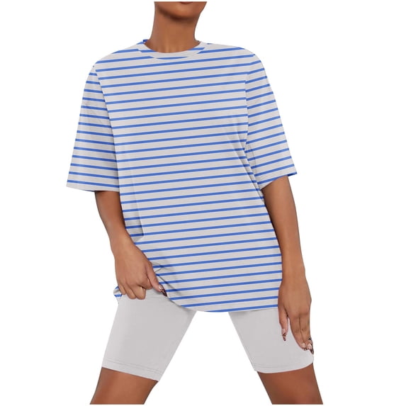 Efsteb Womens Pajamas Sets Two Piece Set Loose Summer Striped Round Neck Short Sleeve Tops Shorts Pajama Sets Sleepwear Casual Home Wear Sets (White,L)