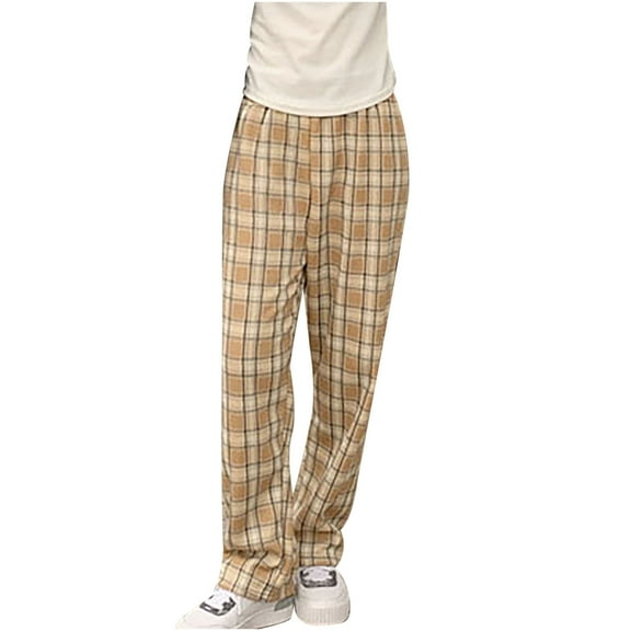 Efsteb Womens Pants Elastic Waist Baggy Pants Plaid Print Casual Trousers Pants for Women Sweatpants Loose Comfortable Wide leg Pants Pants for Women Trousers Yellow One Size