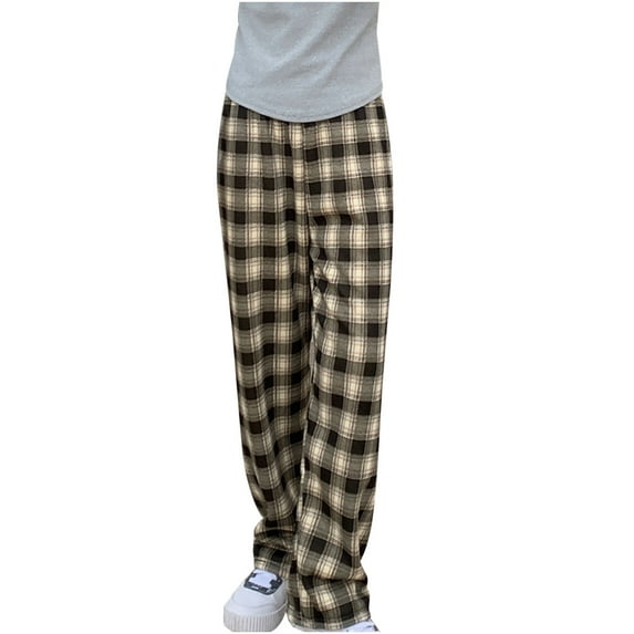 Efsteb Womens Pants Elastic Waist Baggy Pants Plaid Print Casual Trousers Pants for Women Sweatpants Loose Comfortable Wide leg Pants Pants for Women Trousers Khaki One Size