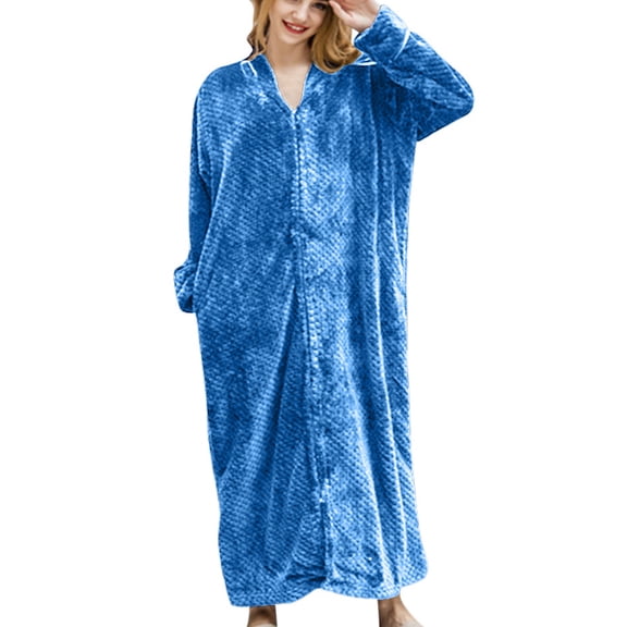 Efsteb Womens Robes Bandage Bathrobe Thickened Warm Robe Nightgown Sleepwear Solid Color Long Sleeve Clothes Fall Winter Warm Loose Comfy Homewear (Blue,L)