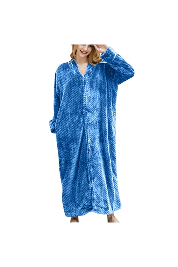 Womens Robes Bandage Bathrobe Thickened Warm Robe Nightgown Sleepwear Solid Color Long Sleeve Clothes Fall Winter Warm Loose Comfy Homewear (Blue,L)