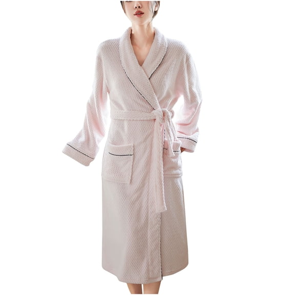 Efsteb Womens Robes Bandage Bathrobe Warm Robe Long Sleeve Clothes Comfy Solid Color Nightgown Loose Sleepwear Fall Winter Warm Homewear (Pink,L)