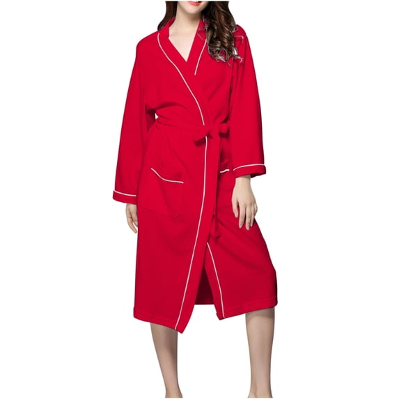Efsteb Womens Robes Bandage Pajamas Robe Pocket Long Sleeve Clothes Loose Solid Color Fall Winter Warm Nightgown Sleepwear Comfy Homewear (Red,S)