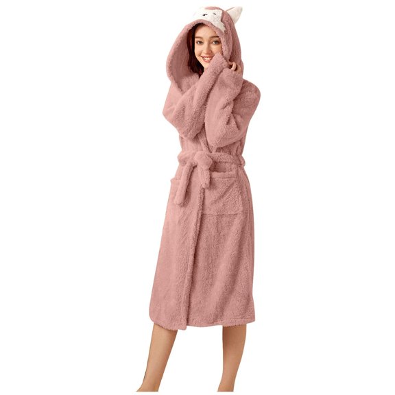 Efsteb Womens Robes Bandage Bathrobe Warm Robe Long Sleeve Clothes Nightgown Fall Winter Warm Comfy Sleepwear Loose Solid Color Homewear (Pink,L)