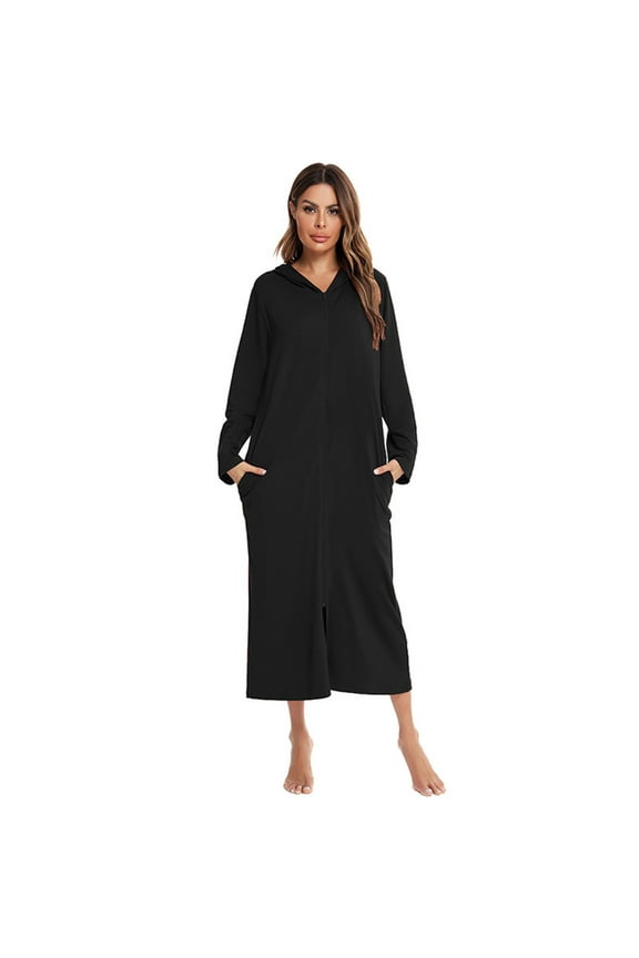 Womens Robes Fleece Zipper Home Pajamas Comfy Loose Solid Color Nightgown Fall Winter Warm Sleepwear Long Sleeve Clothes Homewear (Black,S)
