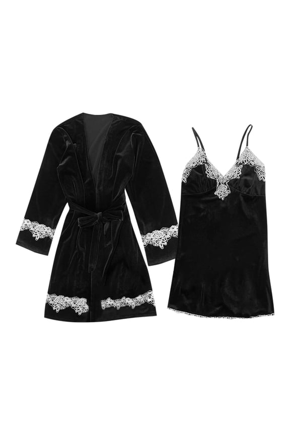 Womens Robes Lightweight Lace Patchwork Homewear Long Sleeve Clothes Loose Solid Color Fall Fashion Nightgown Comfy Sleepwear Homewear Sets (Black,M)