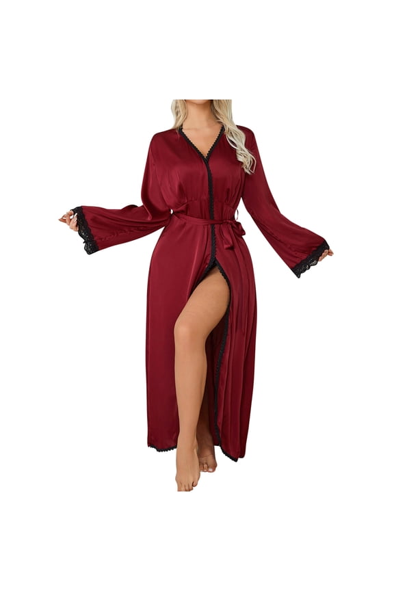 Womens Robes Lightweight Lace Patchwork Pajamas Bandage Robes Home Clothes Solid Color Fall Fashion Long Sleeve Clothes Nightgown Comfy Sleepwear Loose Homewear (Wine,M)