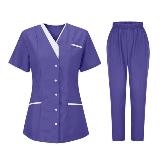 Efsteb Womens Scrubs Sets Plus Size Stretch 2 Pieces Outfits Short Sleeve Button V Neck Shirts Pants Uniforms Nursing Workwear Outfit (Purple,S)