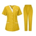 thumbnail image 1 of Efsteb Womens Scrubs Sets Plus Size Stretch 2 Pieces Outfits Short Sleeve Button V Neck Shirts Pants Uniforms Nursing Workwear Outfit (Yellow,S), 1 of 2