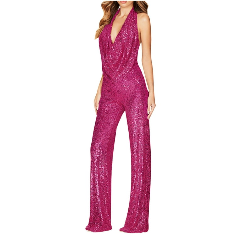 Efsteb Womens Sequin Jumpsuit Sleeveless Halter Romper Casual