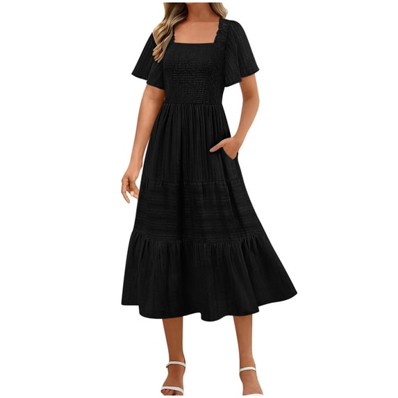 Efsteb Womens Short Sleeve Dress Casual Square Neck Maxi Dress Tiered Ruffle Boho Dresses with Pockets (Black,M)