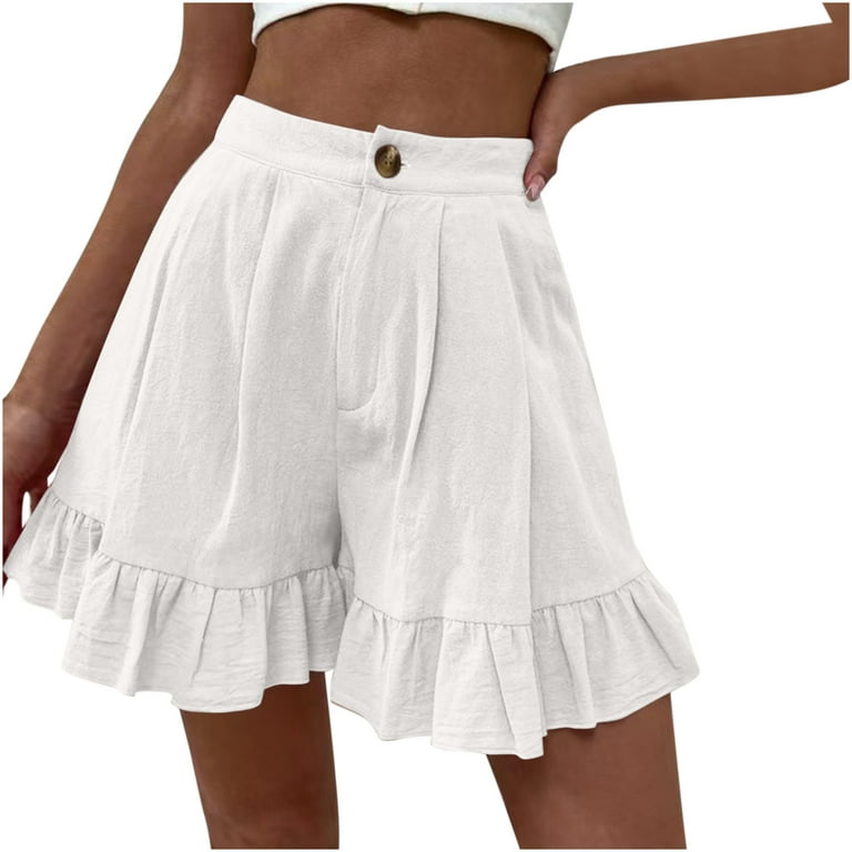 Efsteb Womens Shorts Comfy Solid Color Wide Leg Ruffle High Waist Shorts  Pants Trendy Baggy Shorts Casual Shorts with Pocket White XXXXXL 