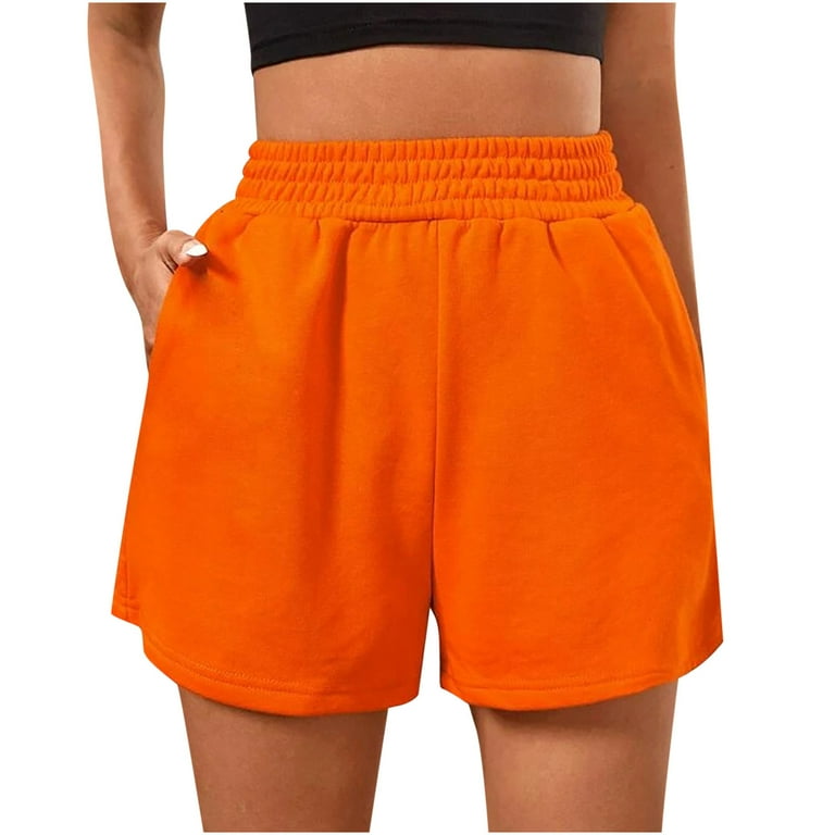 Efsteb Womens Shorts With Pockets Trendy Solid Color Baggy Shorts Elastic  Waist Sports Short Pants Casual Shorts Comfy Shorts Orange S