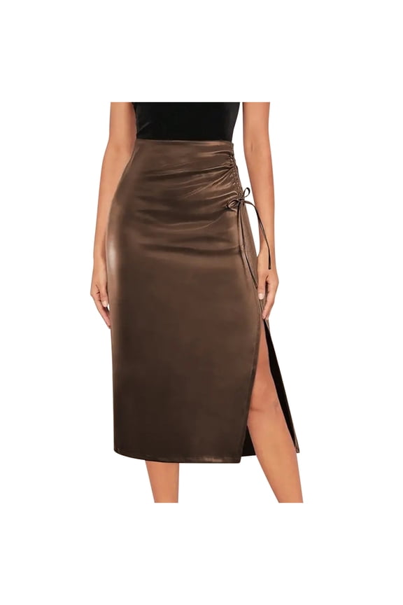 Womens Skirts High Waisted Drawstring Pleated Slit Zippered Leather Skirt Spring Fall Solid Color Comfy Casual Fashion Skirts (Coffee,S)