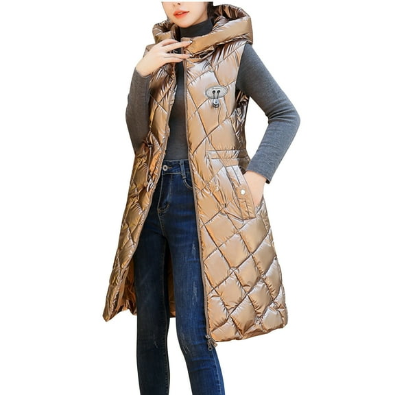 Efsteb Womens Sleeveless Stylish Warm Hooded Jacket Casual Long Fashionable Outwear Lightweight Comfortable Coat Brown XL