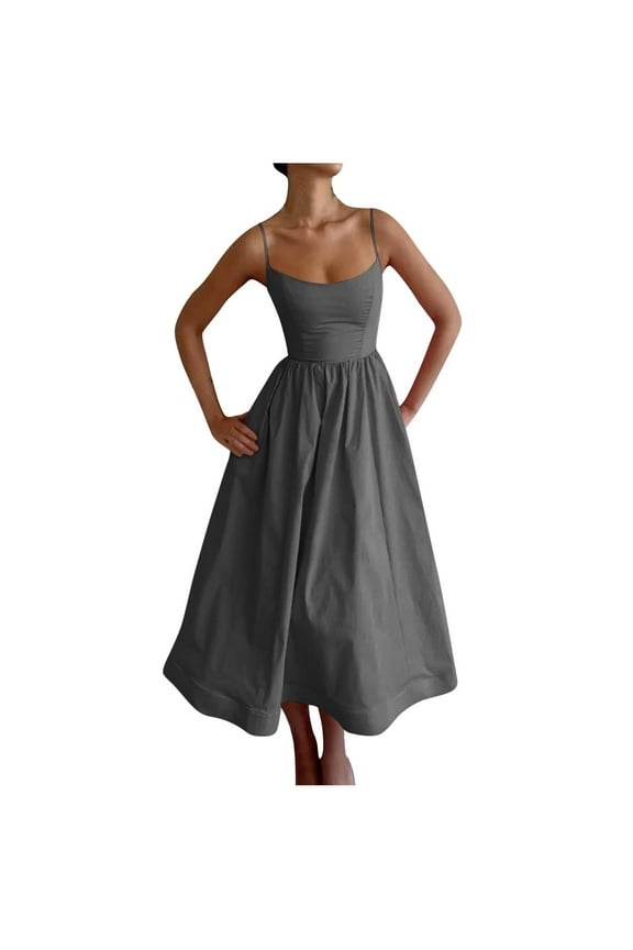 Womens Sling Summer Dresses Elegant Sleeveless Spaghetti Strap Tank Dress Ruched Casual Formal Long Dress Beach Sundress (Gray,L)