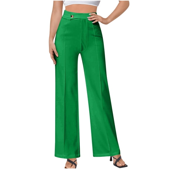 Efsteb Womens Solid Color High Waist Straight Leg Leisure Suit Trousers Long Pants for Casual Spring and Summer Wear Green XL