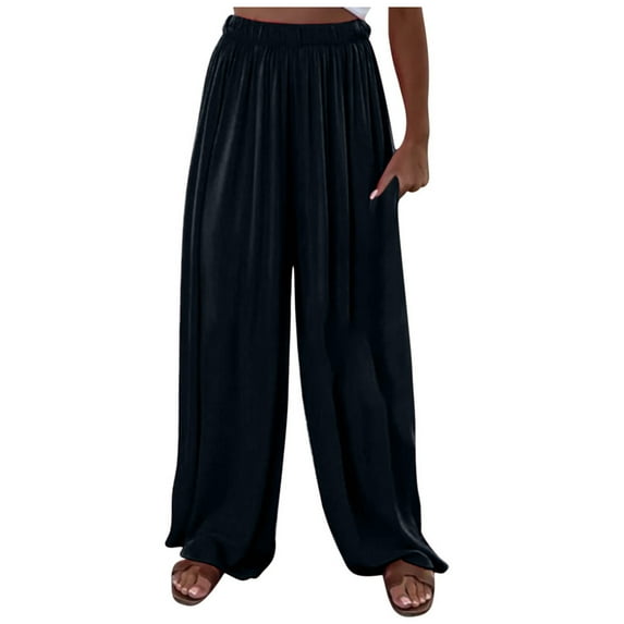 Efsteb Womens Solid Color Wide Leg Loose Fit Oversized Pants with Pockets Fashionable and Comfortable Polyester for Casual Daily Wear All Seasons Black XXL