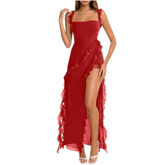 Efsteb Womens Spaghetti Strap High Slit Bodycon Maxi Dress Square Neck Backless Party Club Dresses (Red,L)
