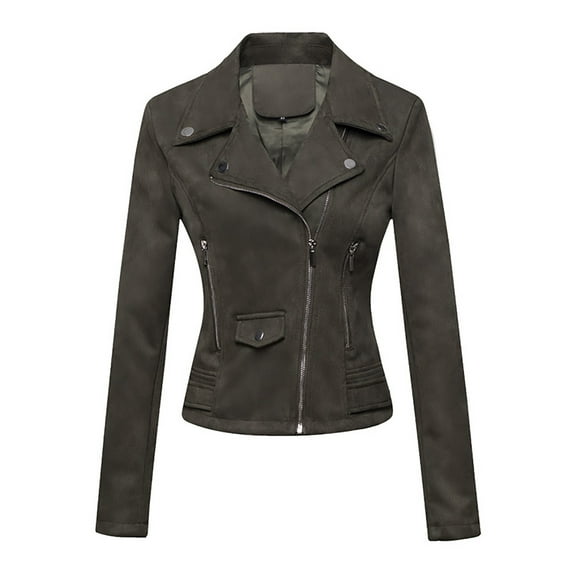 Efsteb Womens Stylish Fashion Leather Jacket Long Sleeved Button Lapel Elegant Versatile Outwear Fashionable Comfortable Coat Army Green L