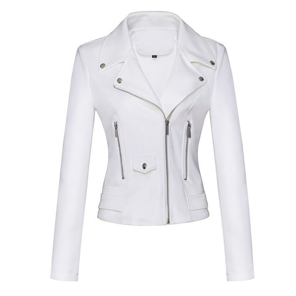 Efsteb Womens Stylish Fashion Leather Jacket Long Sleeved Button Lapel Elegant Versatile Outwear Fashionable Comfortable Coat White M