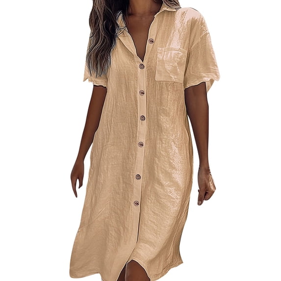 Efsteb Womens Summer Button Cotton Linen Tshirt Dress Casual Short Sleeve Plus Size Midi Dresses Solid Color Beach Dress (Yellow,XXXXL)