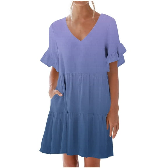 Efsteb Womens Summer Dresses 2025 V-Neck Pleated Dress with Pocket Summer Gradient Color Print Short Sleeve Casual Fashion Comfy Sundresses Dresses (Sky Blue,M)