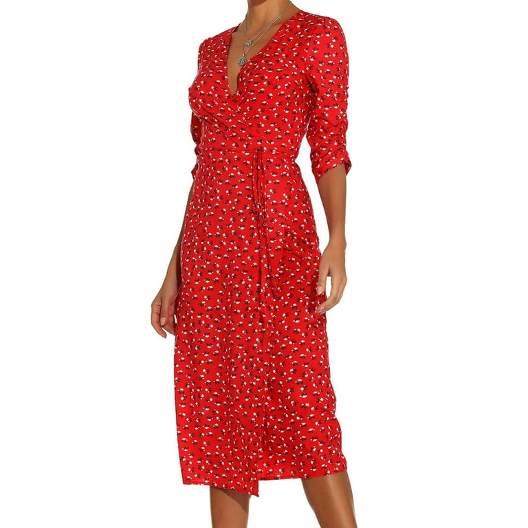 Efsteb Womens Summer Dresses Casual V-Neck Loose Floral Print Dresses  Summer Dress Short Sleeve Dress Mini Dress Red L 