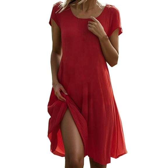 Efsteb Womens Summer Dresses Crew Neck Beach Dress Fashion Casual Sundresses Solid Color Comfy Summer Short Sleeve Dresses (Red,S)
