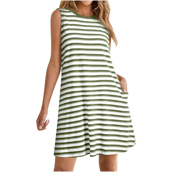 Efsteb Womens Summer Dresses Crew Neck Tank Dress with Pocket Fashion Striped Print Sleeveless Summer Casual Comfy Sundresses Dresses (Army Green,S)