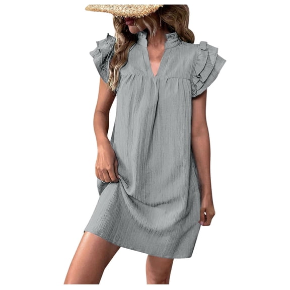 Efsteb Womens Summer Dresses Ruffle Short Sleeve V Neck Mini Dress Casual Loose Solid Color Cute A Line Sundress (Gray,L)